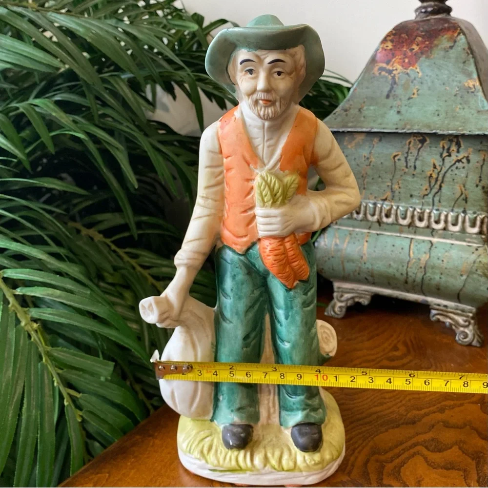 Vintage Ceramic Farmer Figurine in Green and Orange